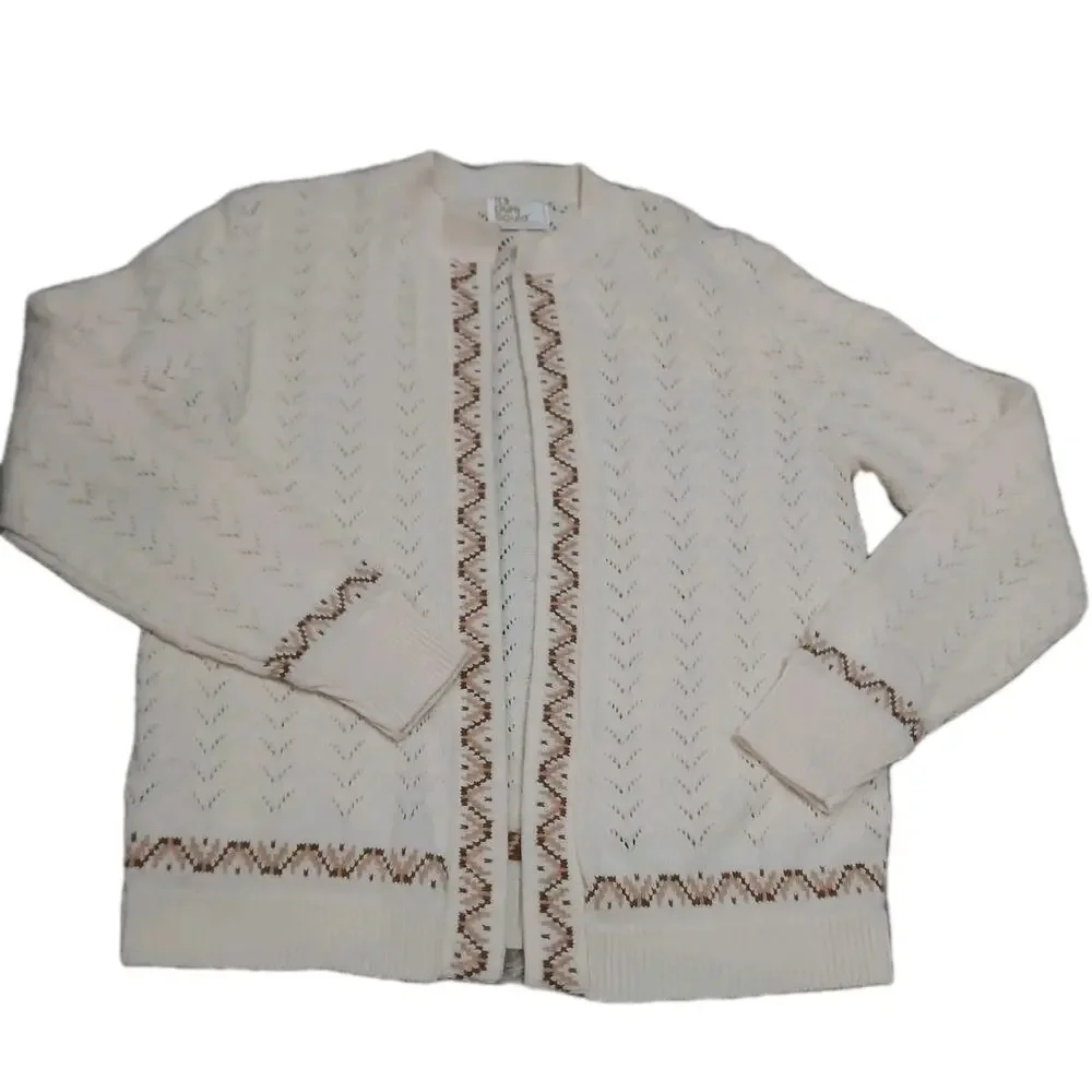 Vtg It’s Pure Gould Cardigan Sweater Cream Brown Embroidered Knit Made in‎ USA
